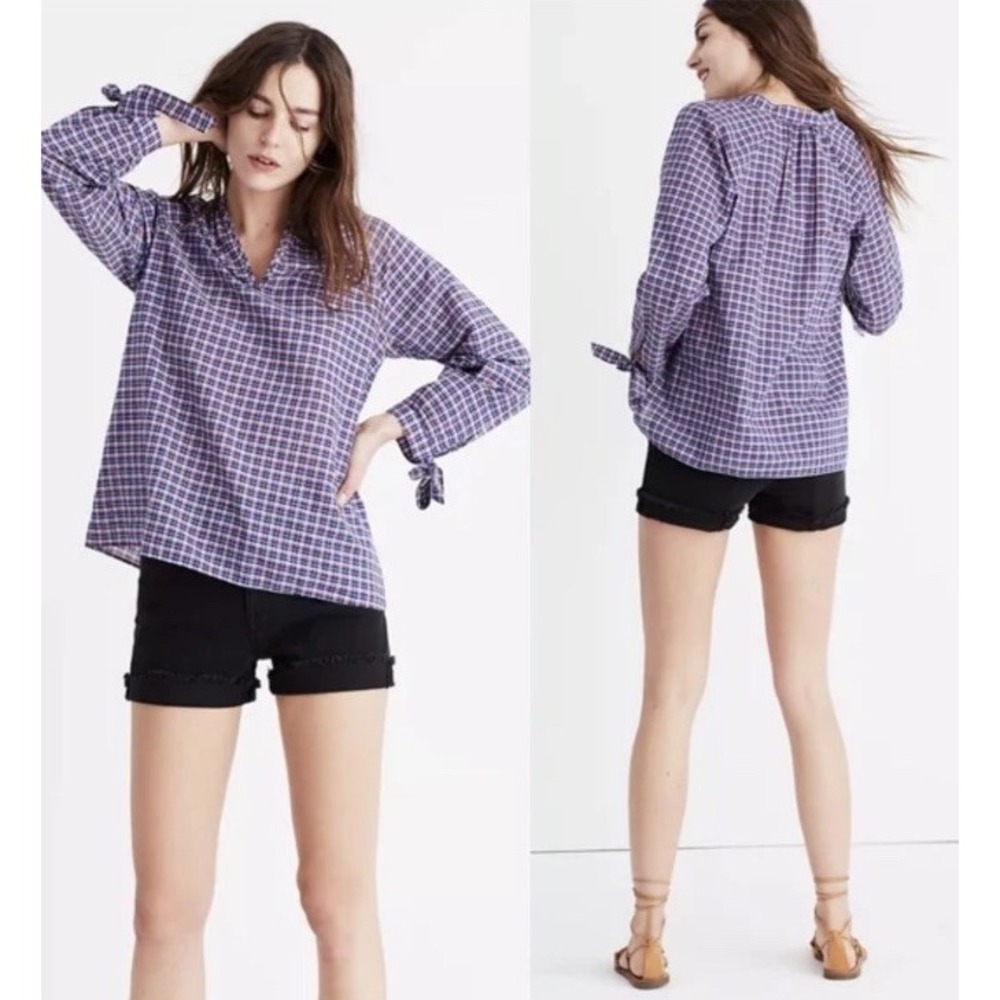 NWT Madewell Tie Sleeve Popover Top Cotton LINEN  Blend  Plaid‎ Size M OLDSTOCK
